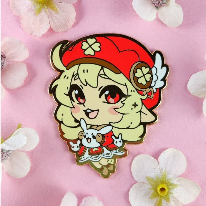 Genshin Impact & Mihoyo's Klee hard enamel pin surrounded by flowers