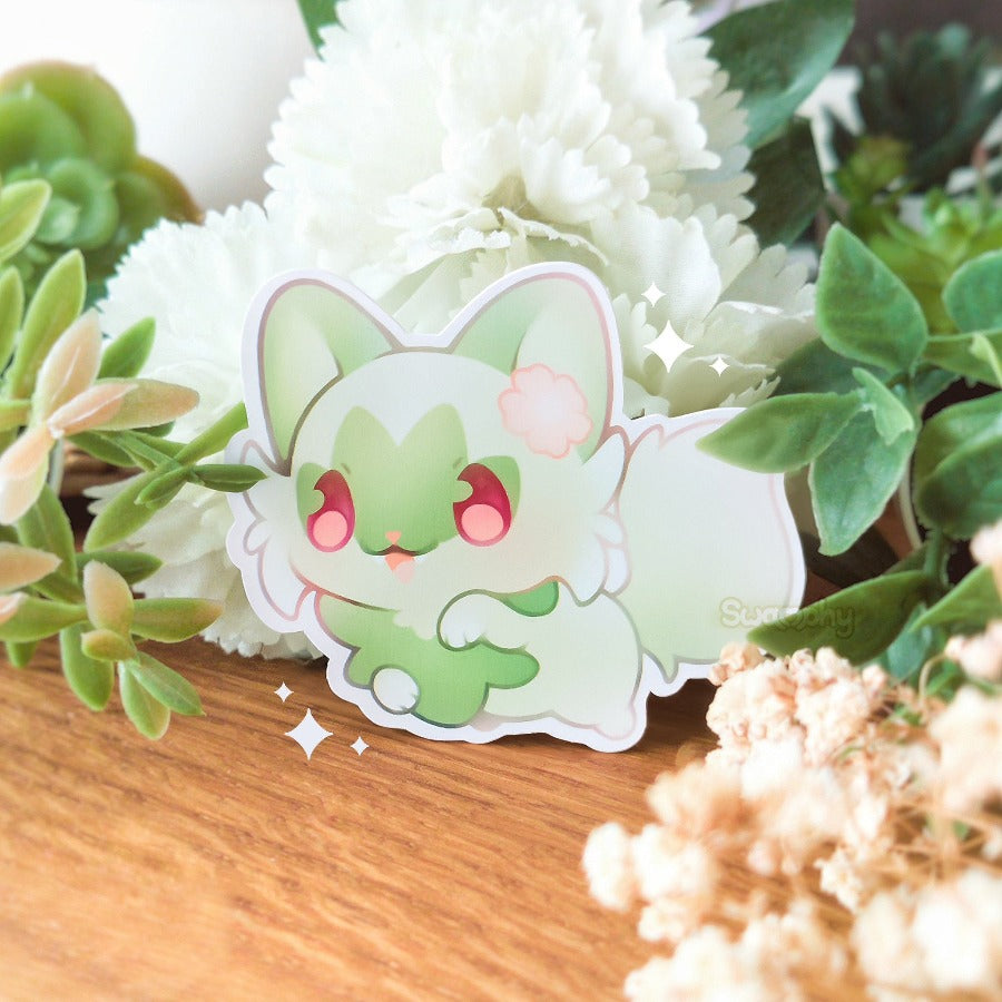 Product photo of the cute grass-starter cat from the newest generation of a popular franchise! Designed by Swamphy.