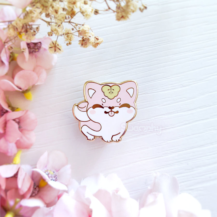 Cute Sakura Inu enamel pin, a pink shiba inu puppy